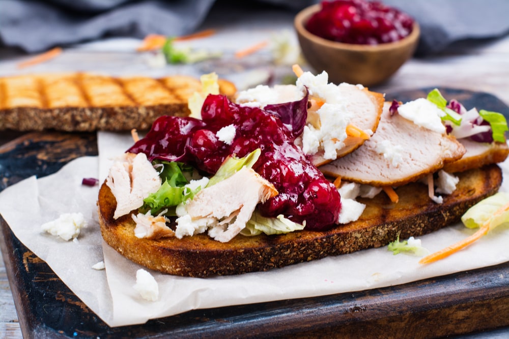 Sandwich with leftover turkey and cranberry sauce
