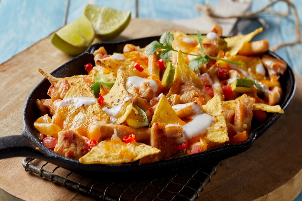 Cheese nachos made with barbecue chicken